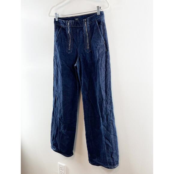 Express High Rise Wide Leg Exposed Double Zipper Dark Wash Jeans 4 Petite - Picture 9 of 12